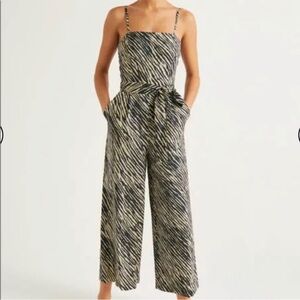 Boden US6 Colette Linen Jumpsuit navy 0942 beige belted wide leg T0580 animal